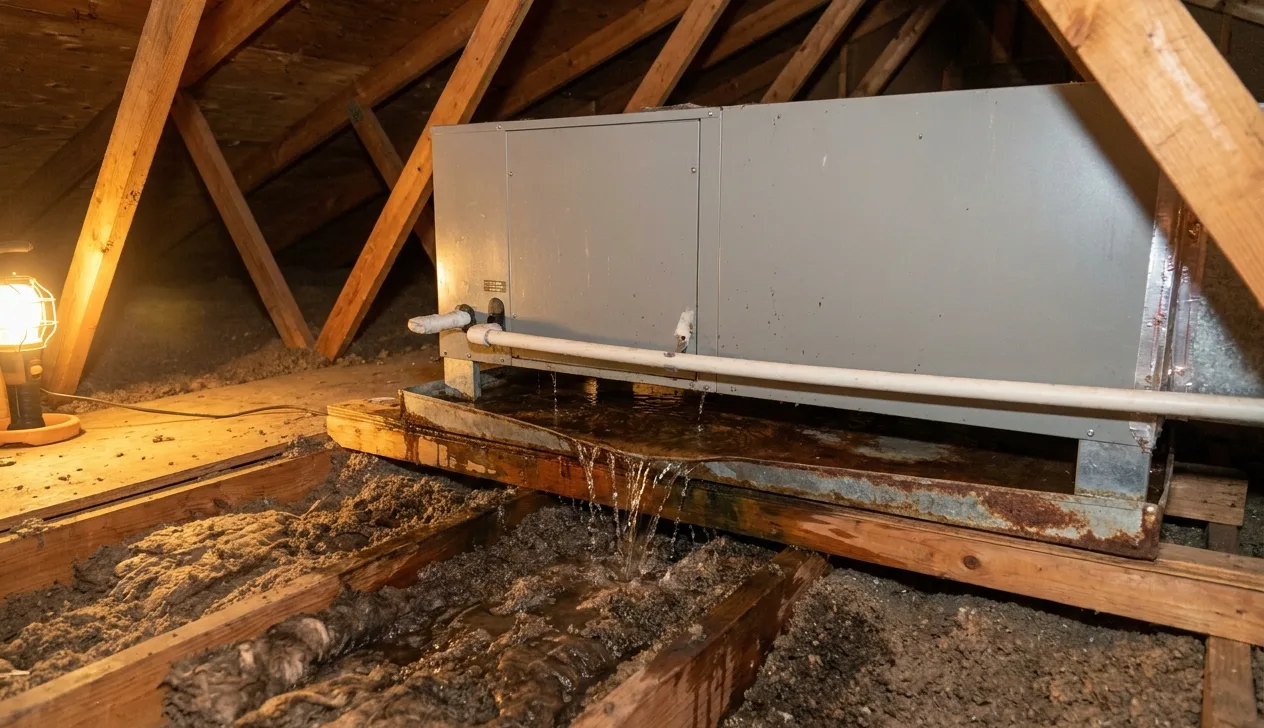 Attic air handler with an overflowing condensate pan above wet insulation