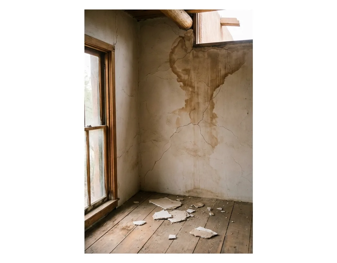 Water-stained, cracked plaster ceiling below a parapet in an older Tucson home