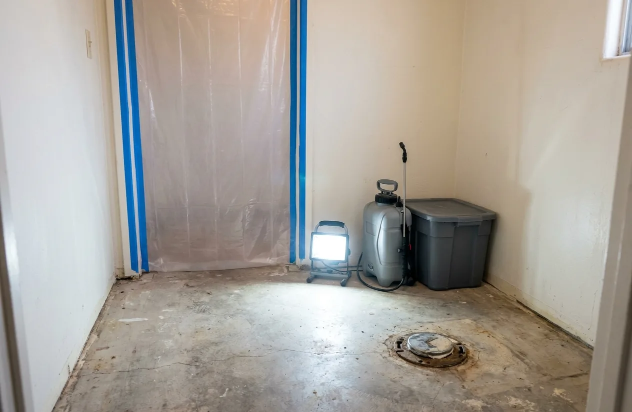 Bathroom stripped to concrete and sealed with plastic during sewage cleanup