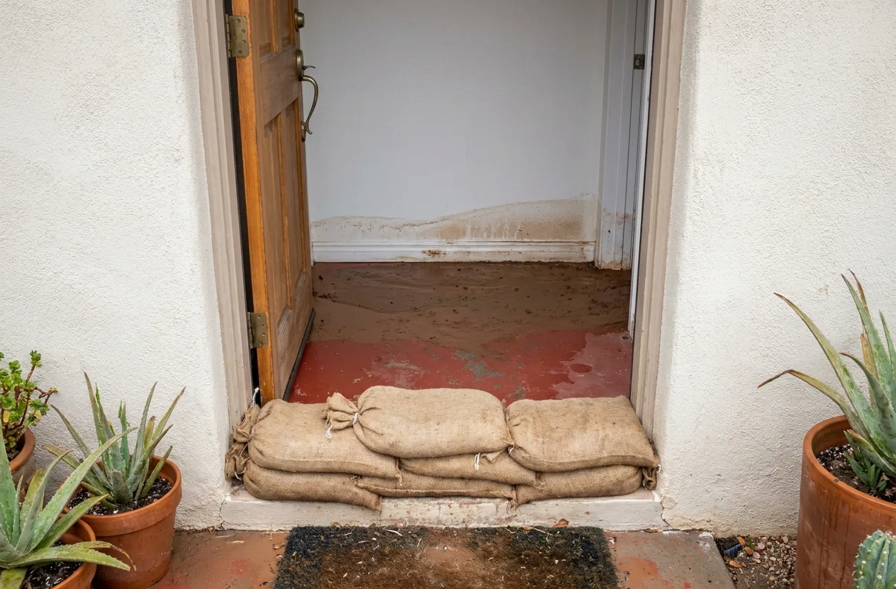 Sandbagged doorway with mud on the floor after monsoon runoff came inside