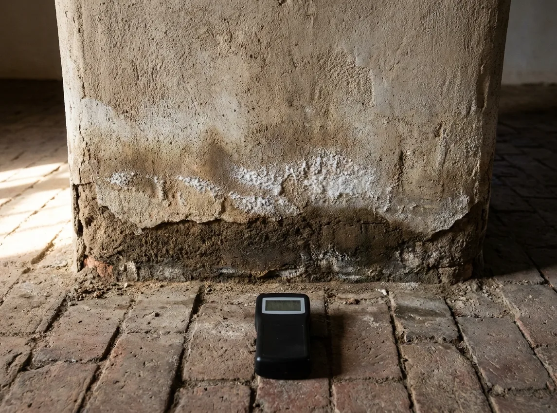 Damp band and salt efflorescence at the base of a historic adobe wall