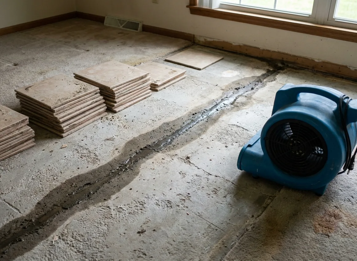 Lifted tile exposing a damp line across a concrete slab from a slab leak