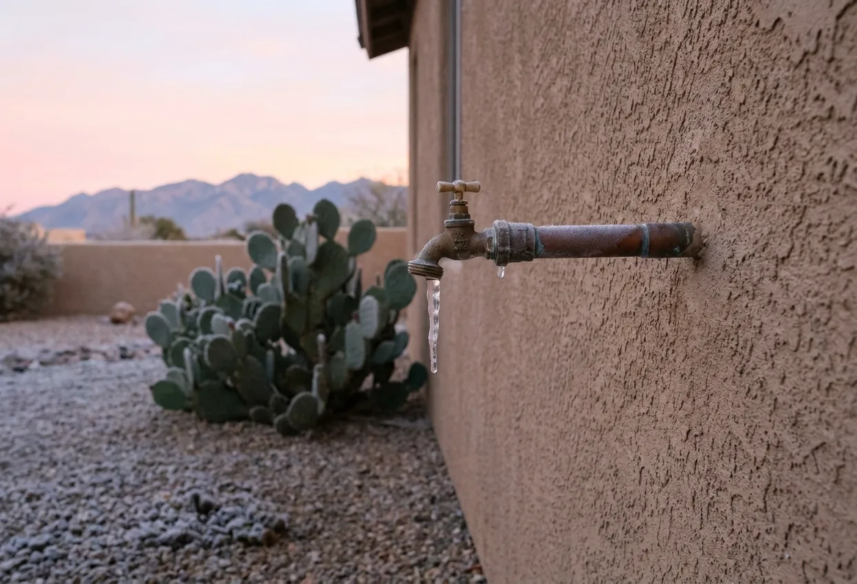 Frost on an exposed pipe and hose bib on a stucco wall at a desert dawn