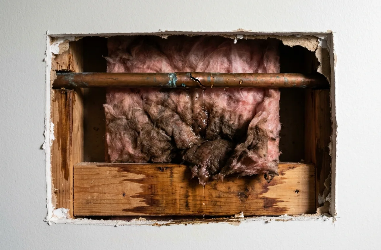 Split copper pipe inside an opened wall cavity, wet insulation