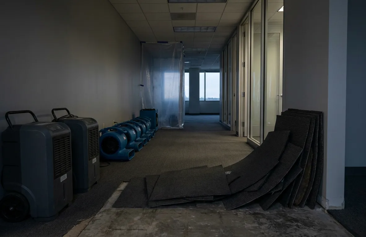 Office corridor with carpet tiles pulled, air movers and dehumidifiers after hours