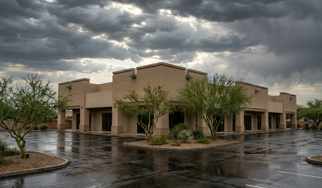 Low-rise stucco commercial building with flat roof and parapets under storm clouds