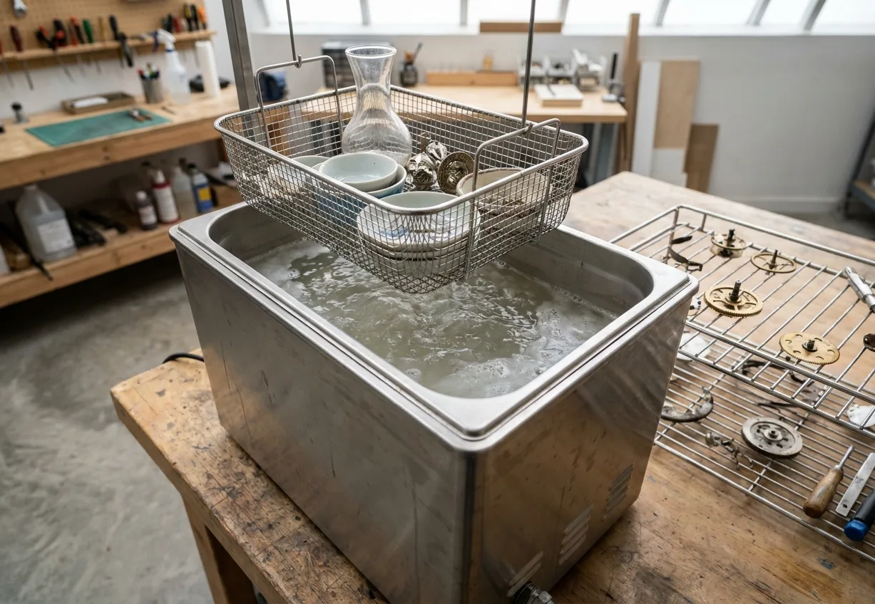 Ultrasonic cleaning tank with dishes and ornaments in a workshop