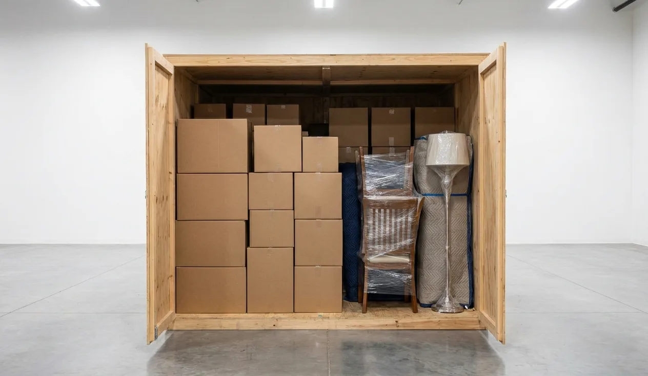 Wrapped furniture and plain boxes in a clean climate-controlled storage vault
