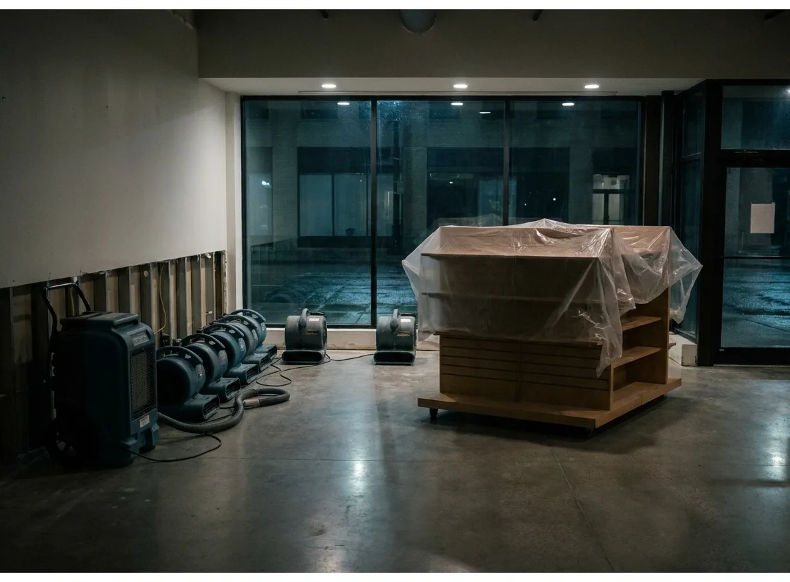 Downtown retail space drying after hours with air movers and a dehumidifier
