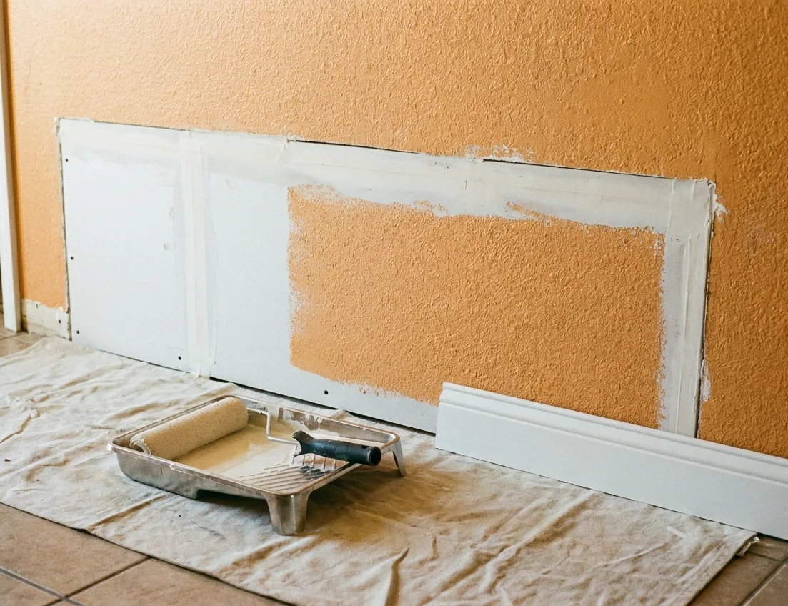 New drywall panel taped and mudded, paint roller and tray on the floor