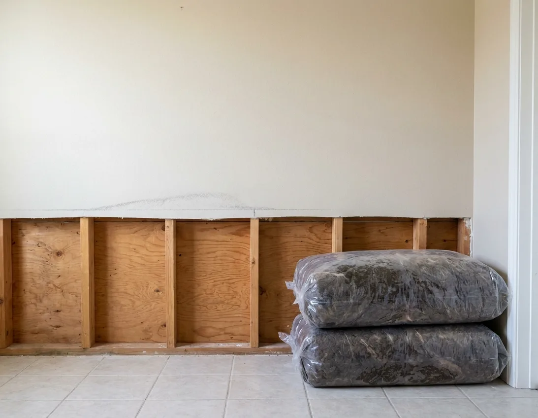 Clean flood cut along a wall, studs exposed, wet insulation bagged