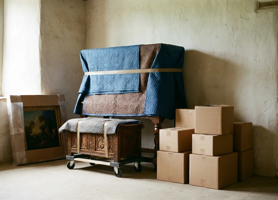 Antique furniture and artwork wrapped and boxed for a contents pack-out