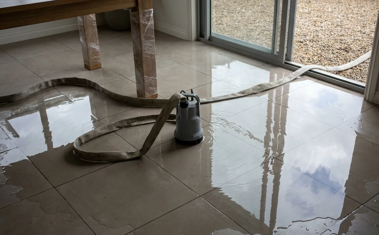 Submersible pump removing standing water from a tile floor through a discharge hose