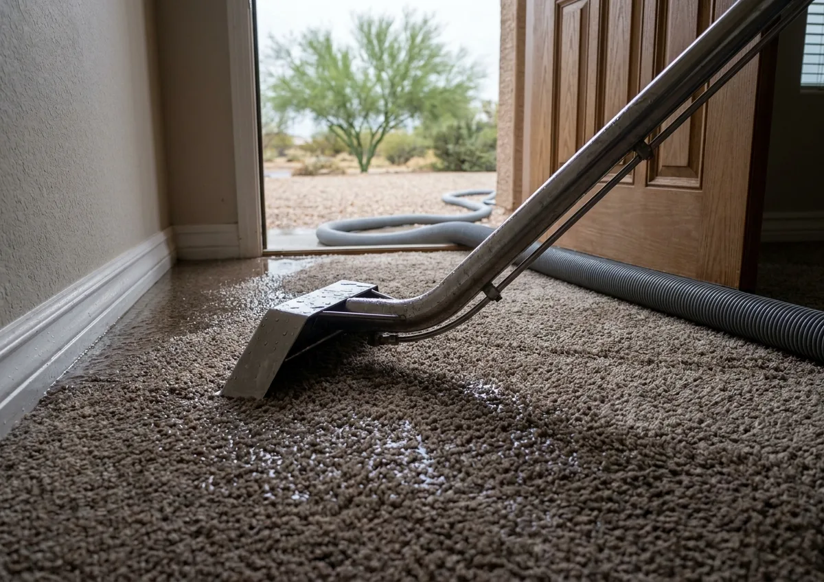 Extraction wand and hose lying on soaked carpet in a living room