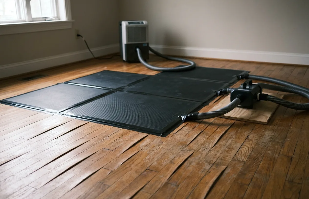 Black floor drying mats with hoses on cupped oak boards