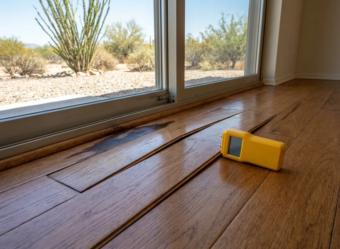 Hardwood boards crowning near a sliding door, moisture meter on the floor