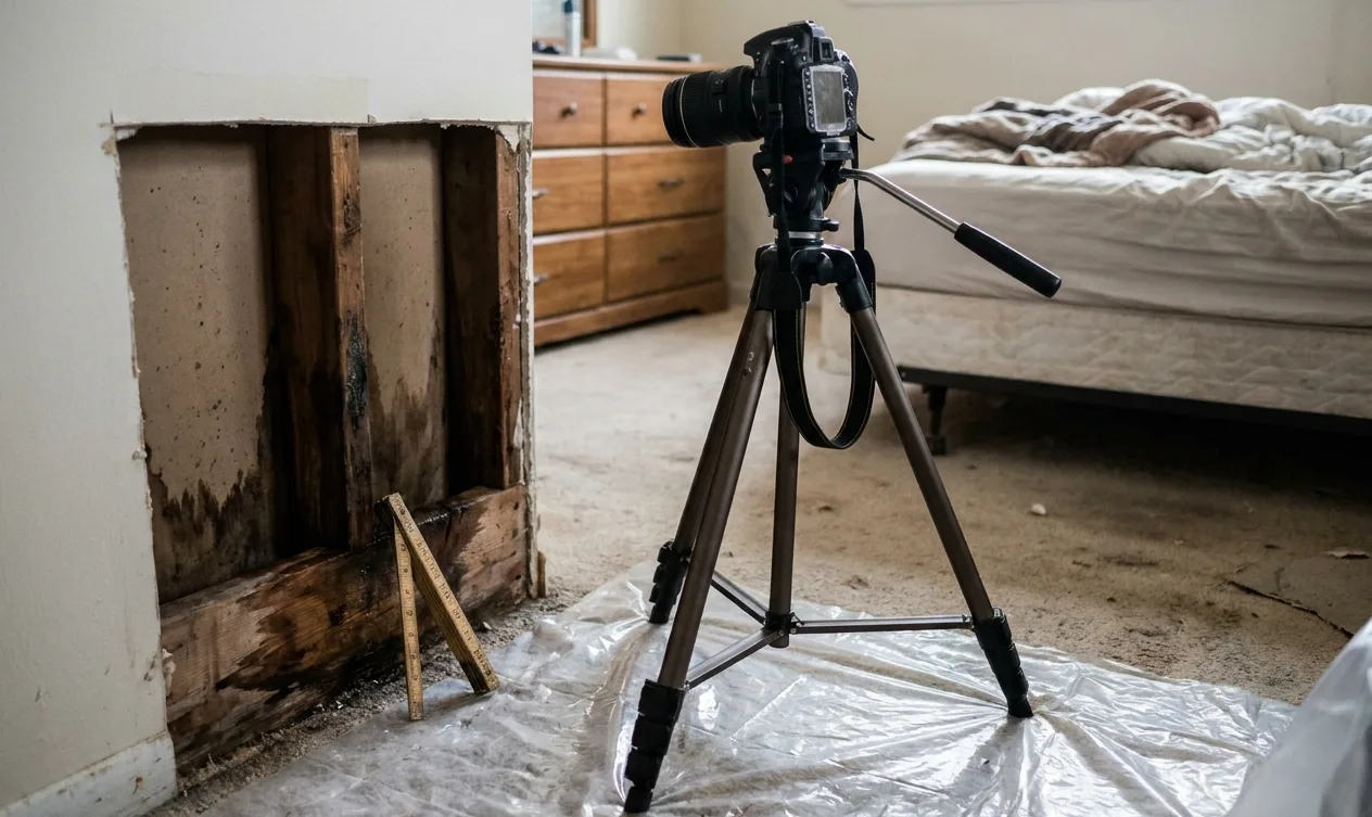 Camera on a tripod documenting wet studs behind cut-open drywall, ruler for scale