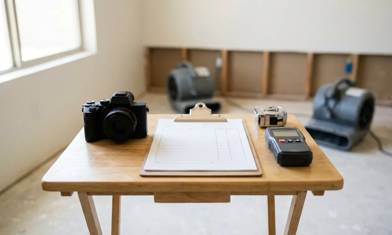 Camera, clipboard, tape measure and moisture meter laid out to document water damage