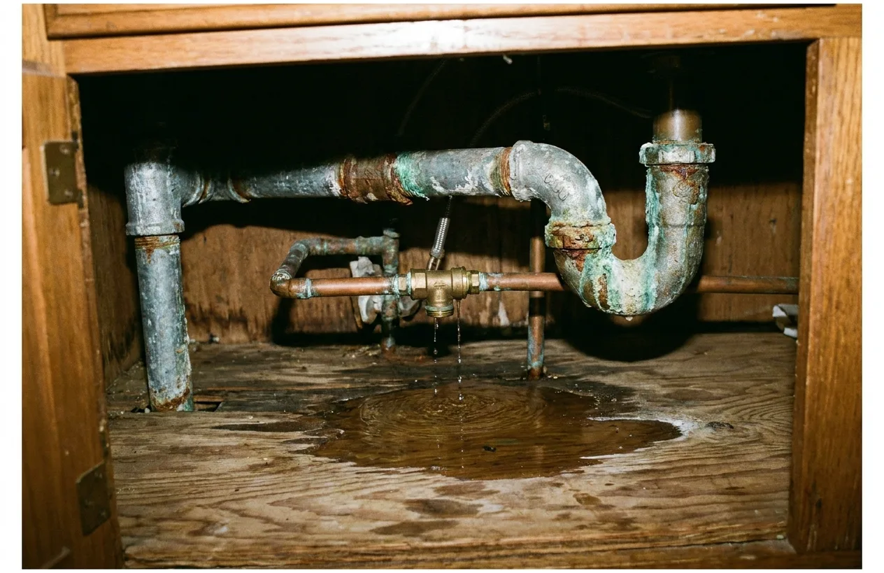 Corroded supply line fitting dripping under an old kitchen sink