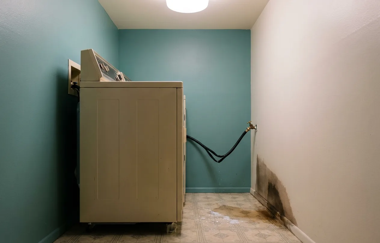 Burst washing machine hose leaking across a laundry floor into the drywall