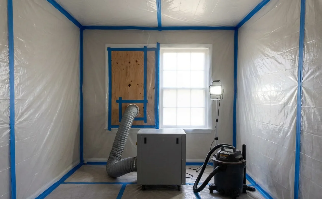 Plastic mold containment with a negative air machine venting out a window