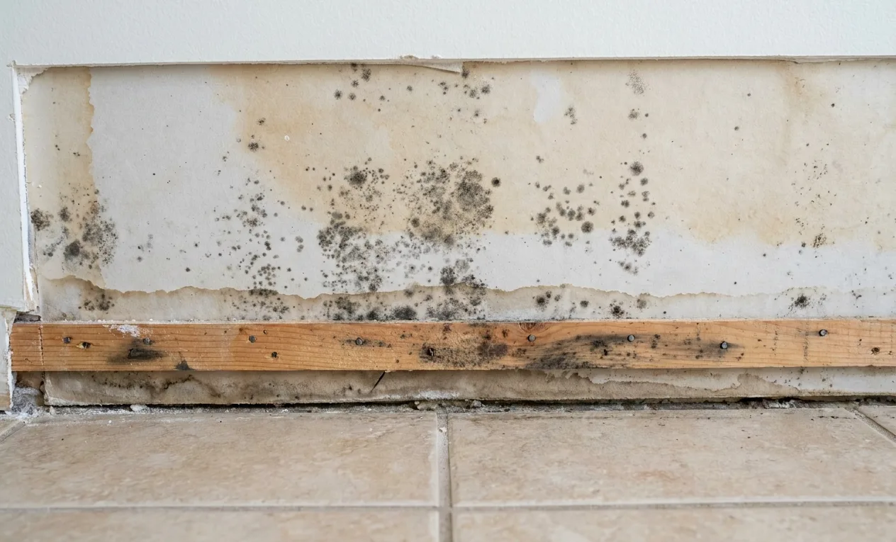 Mold growth on drywall and tack strip exposed after the baseboard was removed