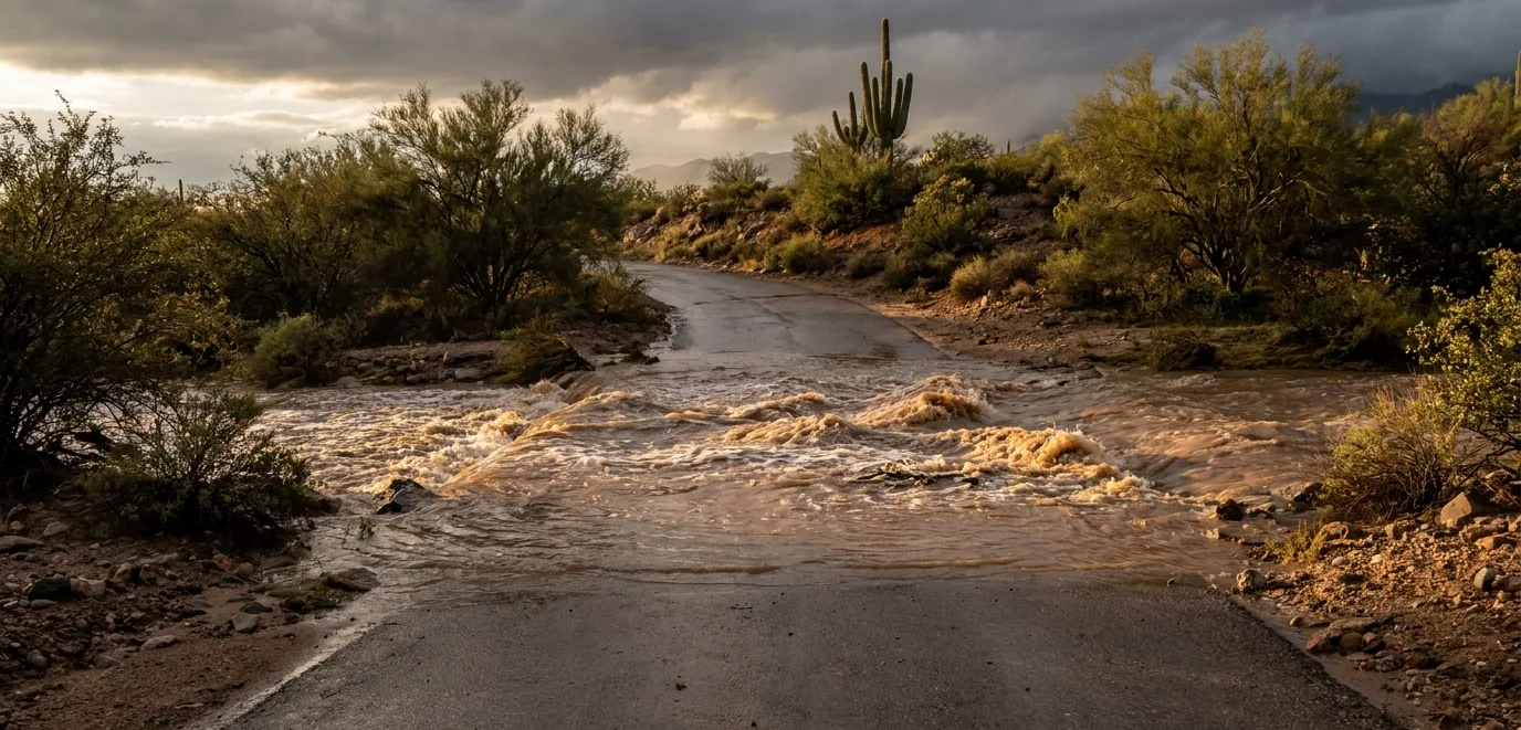 Brown water rushing through a desert wash across a road dip