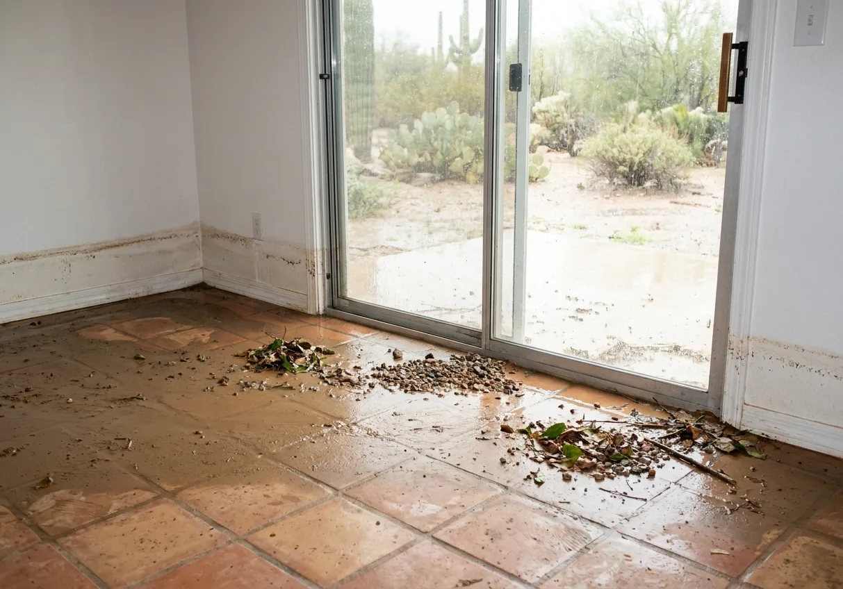 Mud and silt on a tile floor and a muddy water line on the lower wall after flooding