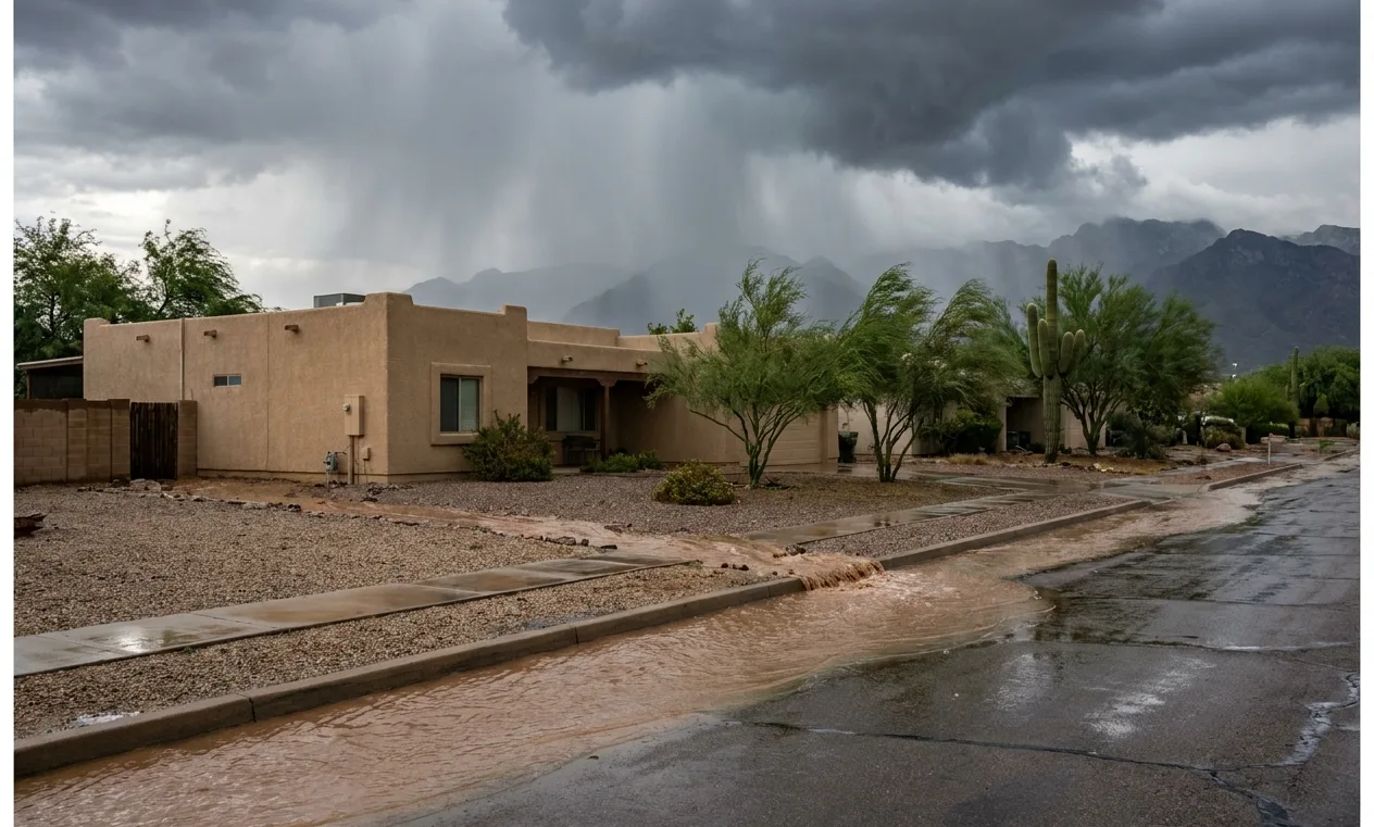 Monsoon storm runoff flowing down a Tucson street toward a stucco house, storm over the Catalinas
