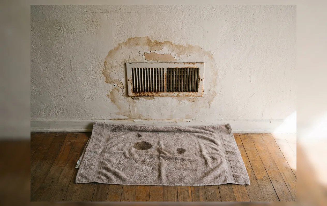 Water stain and peeling paint around a swamp cooler ceiling vent