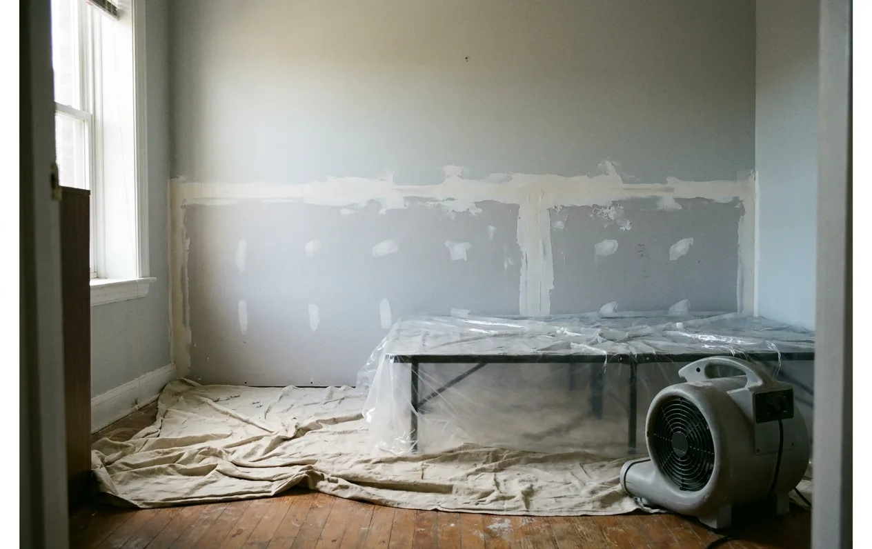 Rental bedroom with new drywall taped and drying after water damage