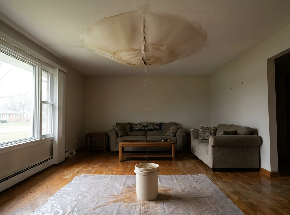 Sagging stained ceiling drywall bulging with water over a bucket