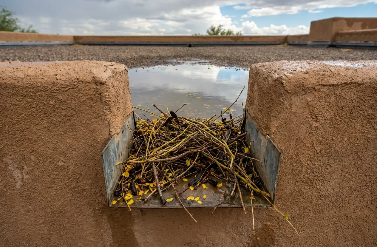 Flat roof scupper clogged with palo verde debris, ponding water