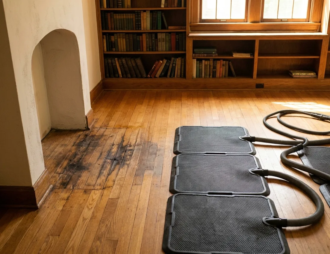 Drying mats on cupped original oak floors in a 1930s bungalow