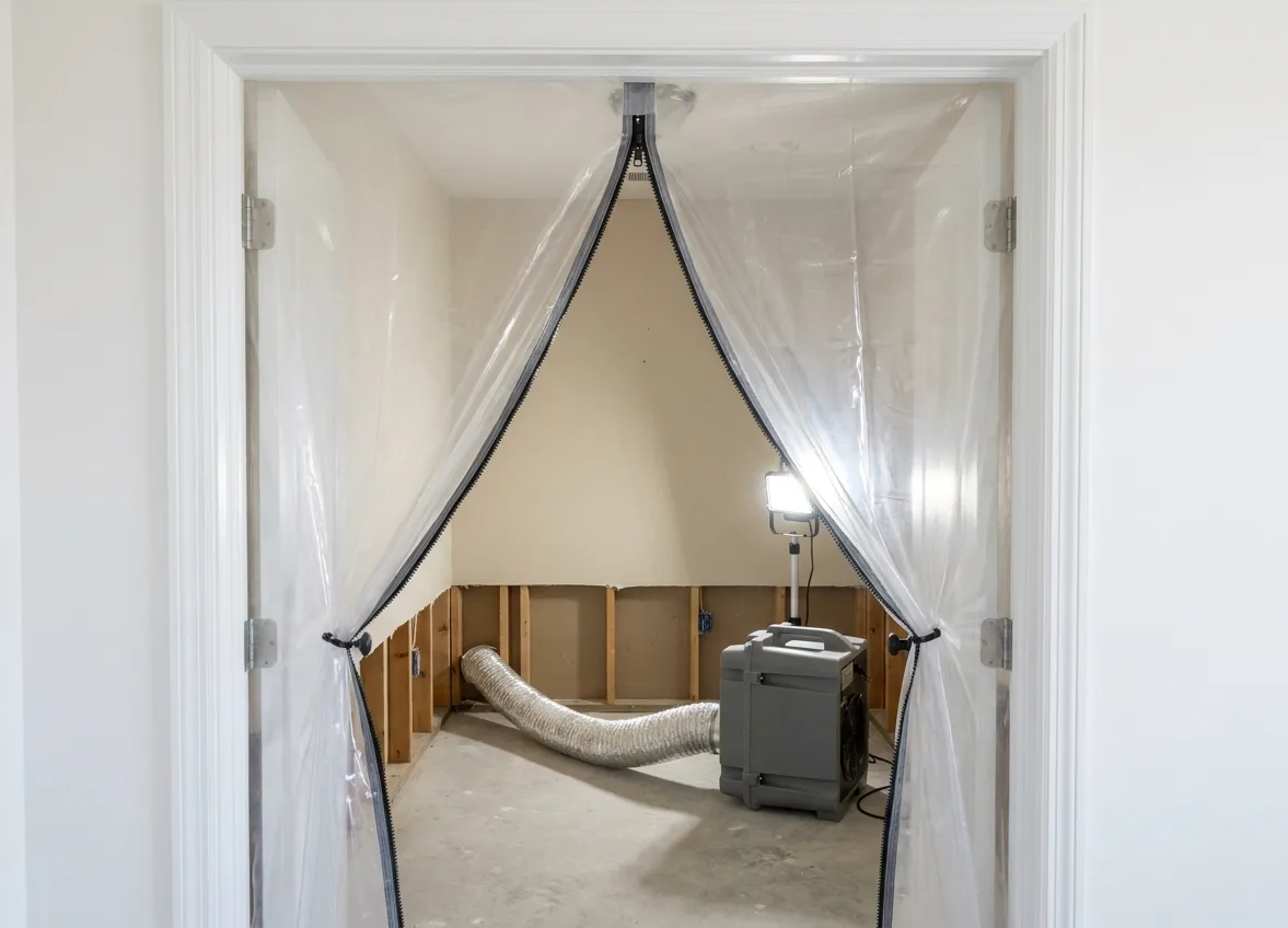 Bathroom sealed with plastic containment, drywall cut out and a HEPA air scrubber running