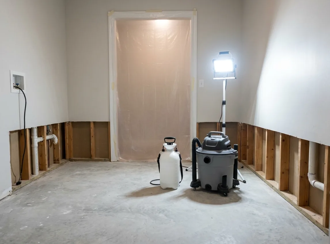 Laundry room stripped to concrete, antimicrobial sprayer and wet vac, plastic sheeting