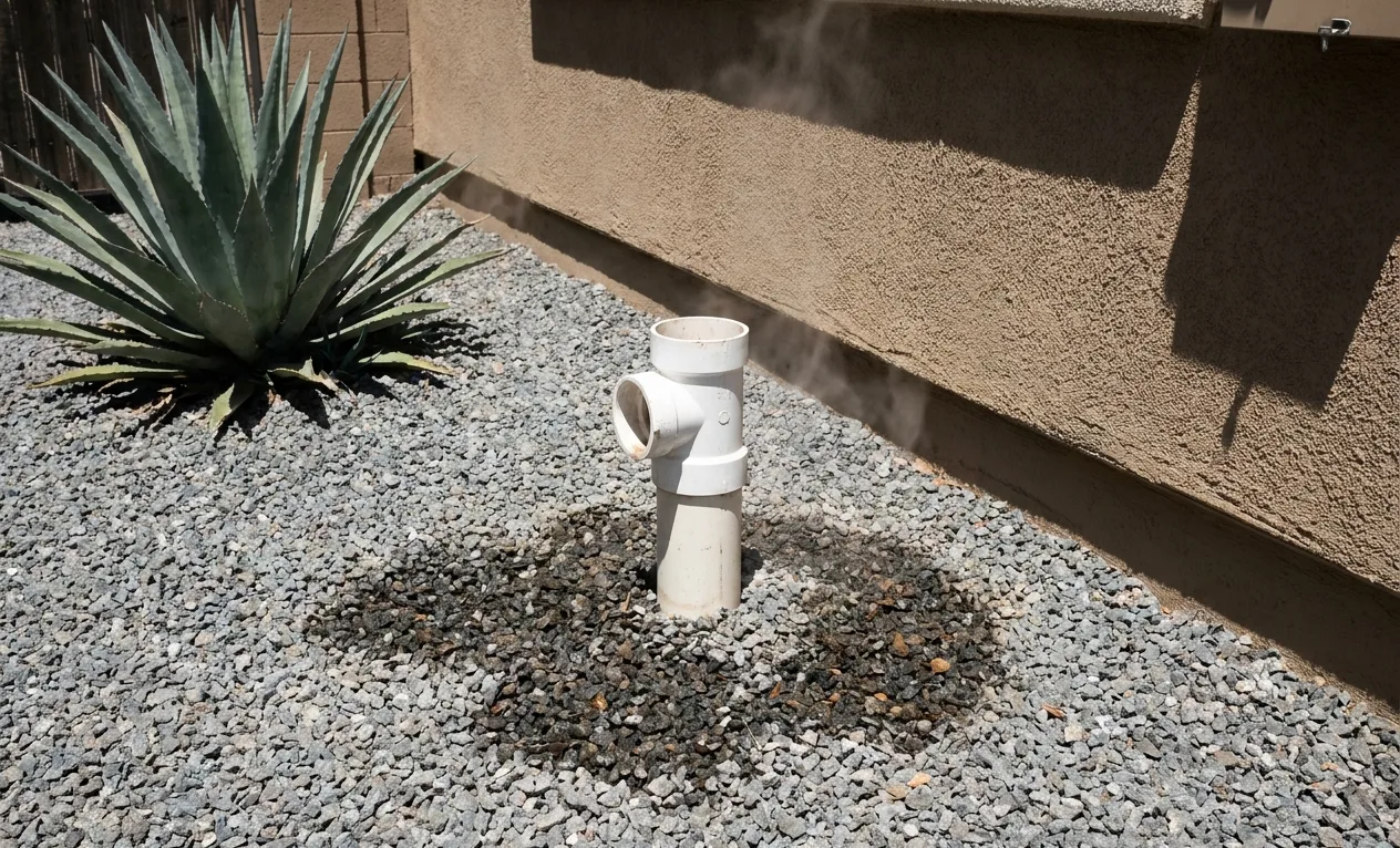 Open sewer cleanout pipe in a gravel side yard with wastewater soaking the ground in hot sun