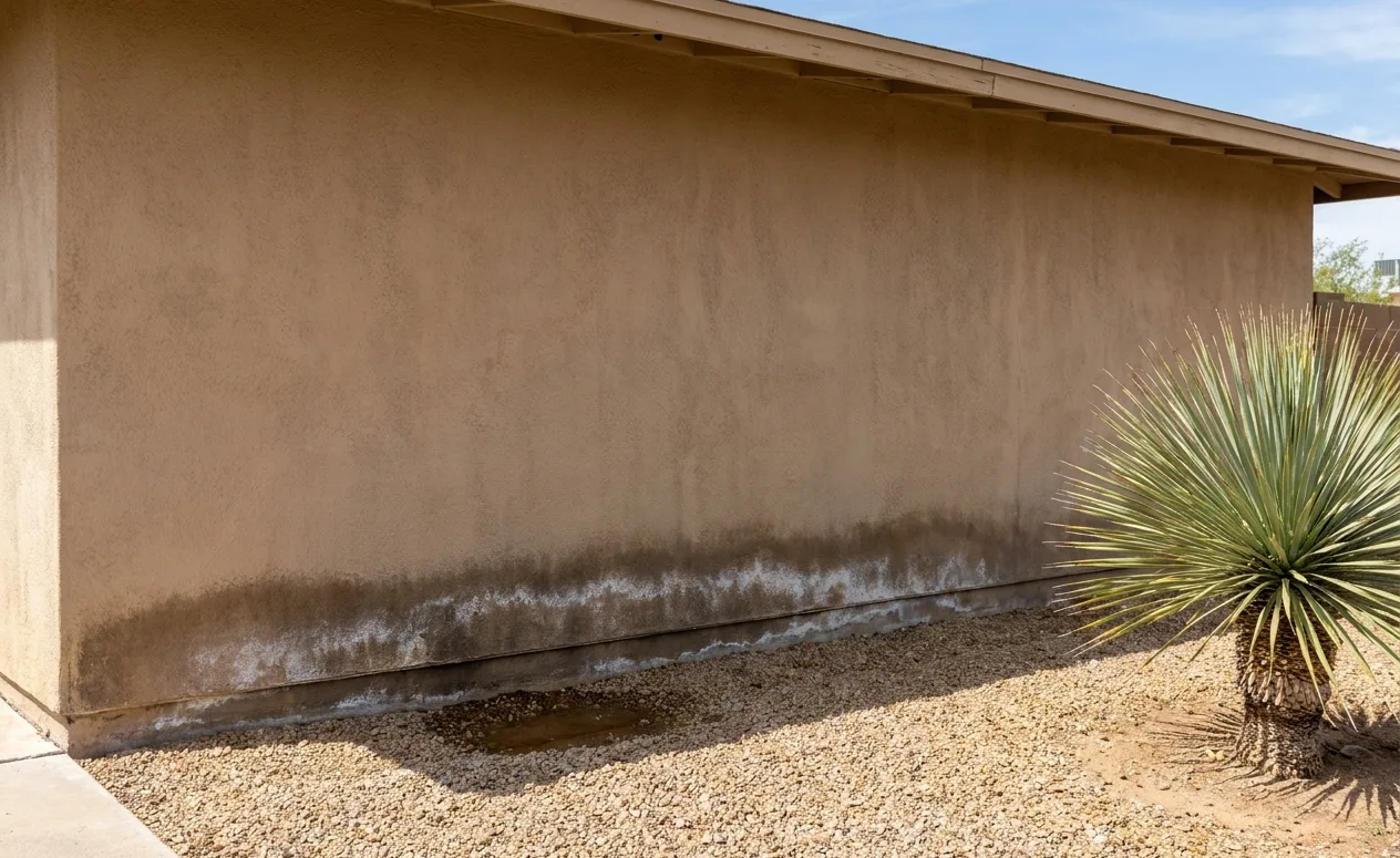 Single-storey stucco ranch house with a damp band along the slab edge