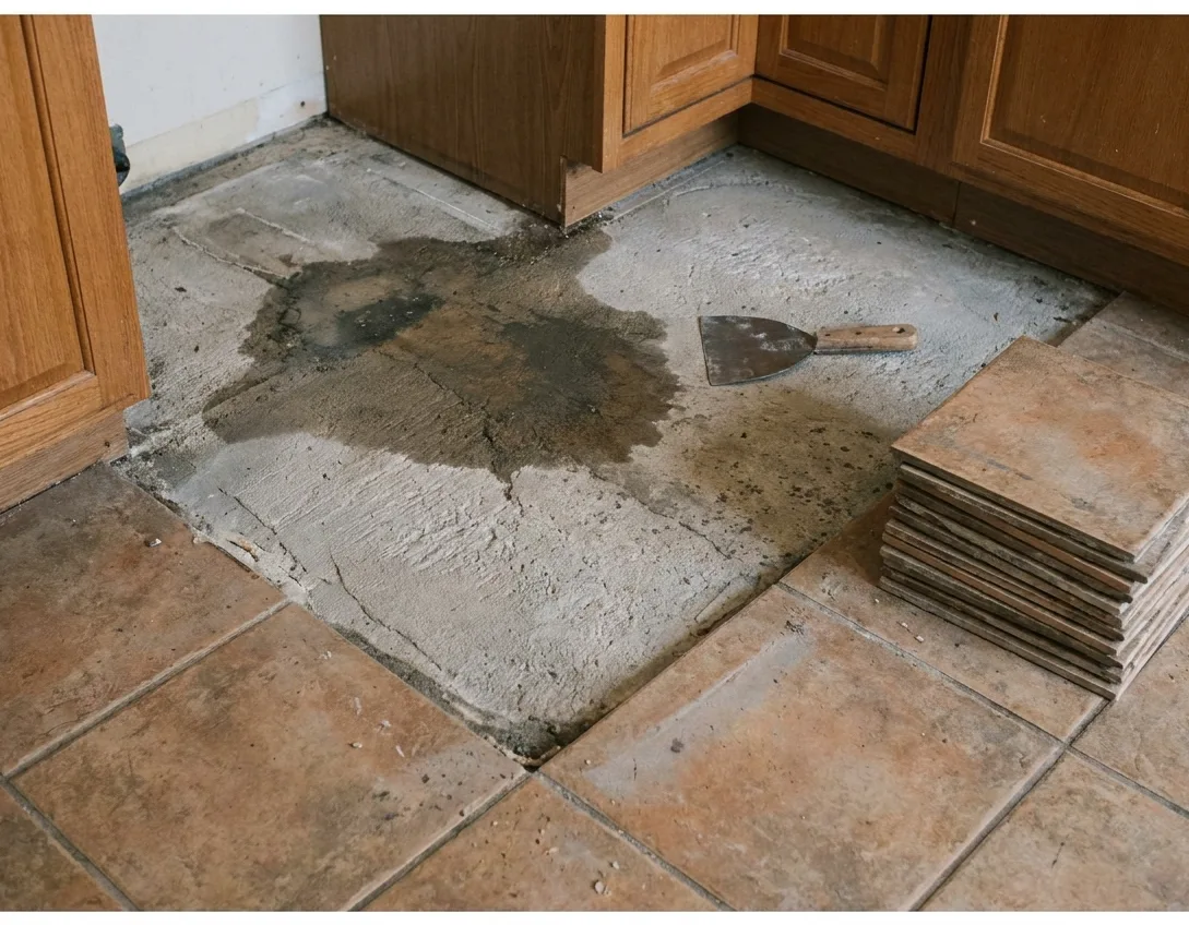 Tile removed exposing a dark wet patch on the concrete slab, tiles stacked aside