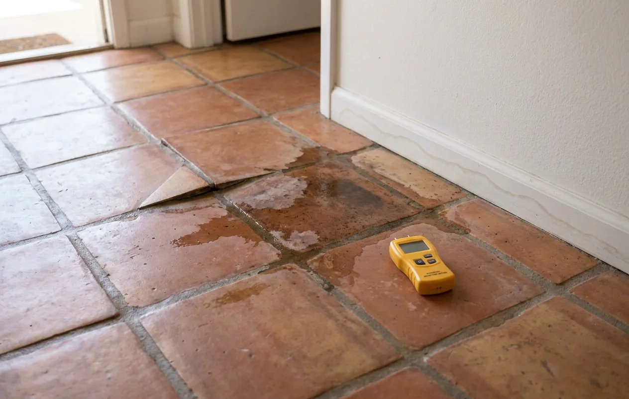Damp patch spreading across saltillo tile from a slab leak, moisture meter on the floor