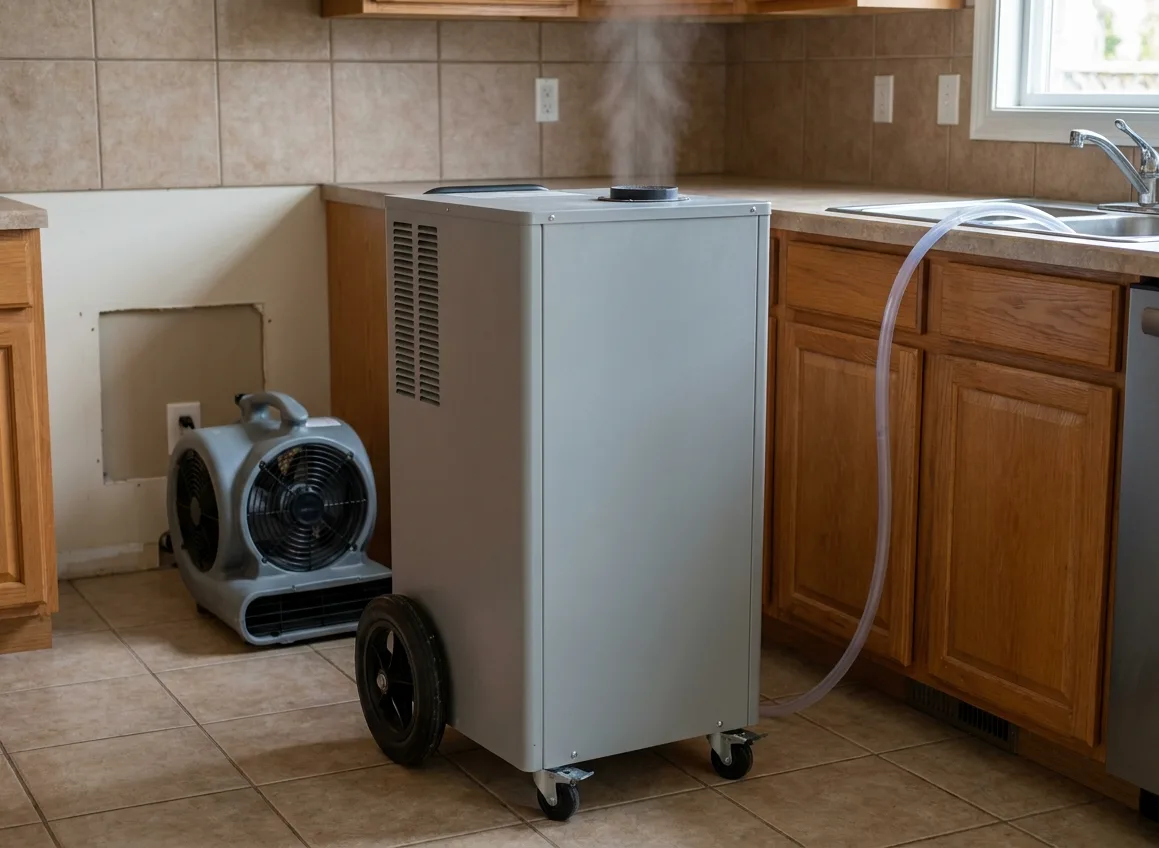 Commercial LGR dehumidifier draining into a kitchen sink beside a cut-away wall