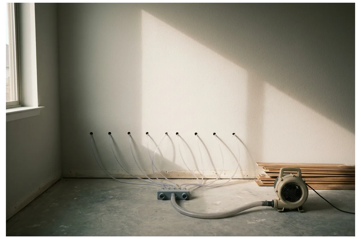 Drying tubes inserted into small holes along a wall to dry the cavity in place