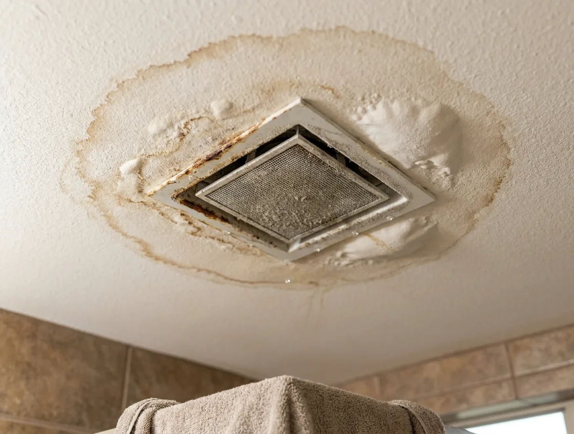 Brown water stain spreading on a ceiling around a cooler vent, drips forming