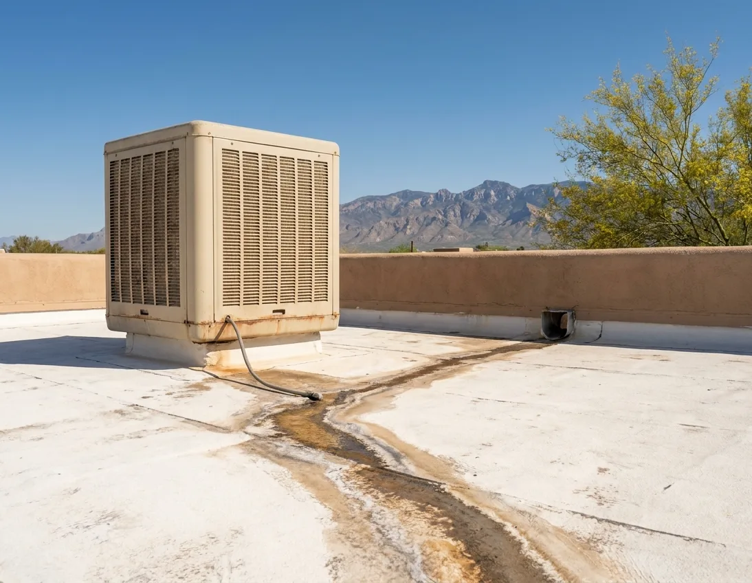 Rooftop swamp cooler on a flat roof with a water and mineral stain running to the parapet scupper