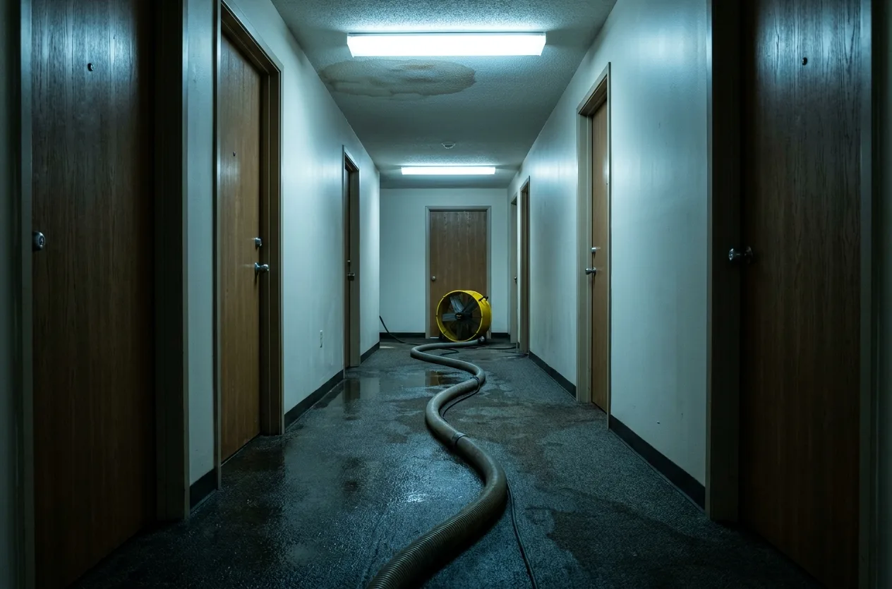 Soaked apartment hallway carpet with an extraction hose and air mover