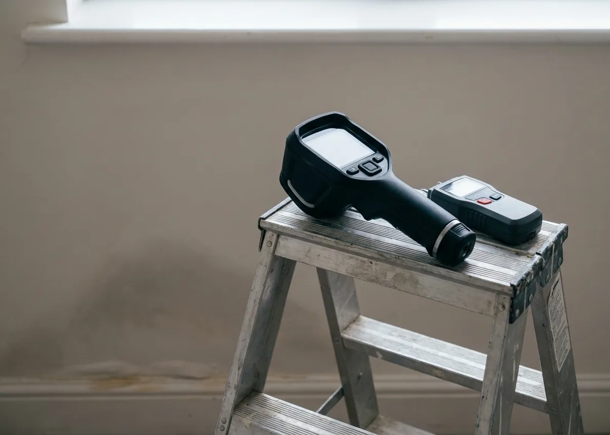 Thermal imaging camera and moisture meter on a step ladder facing a damp wall