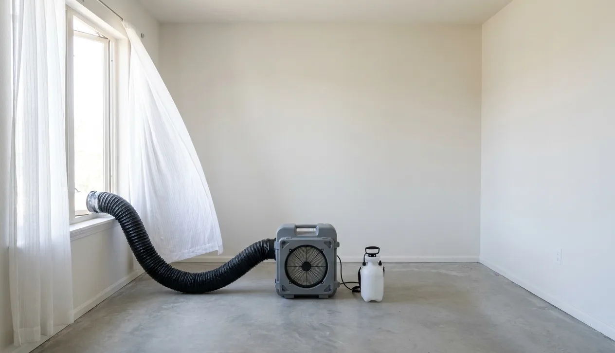 HEPA air scrubber running in an emptied bedroom with carpet removed