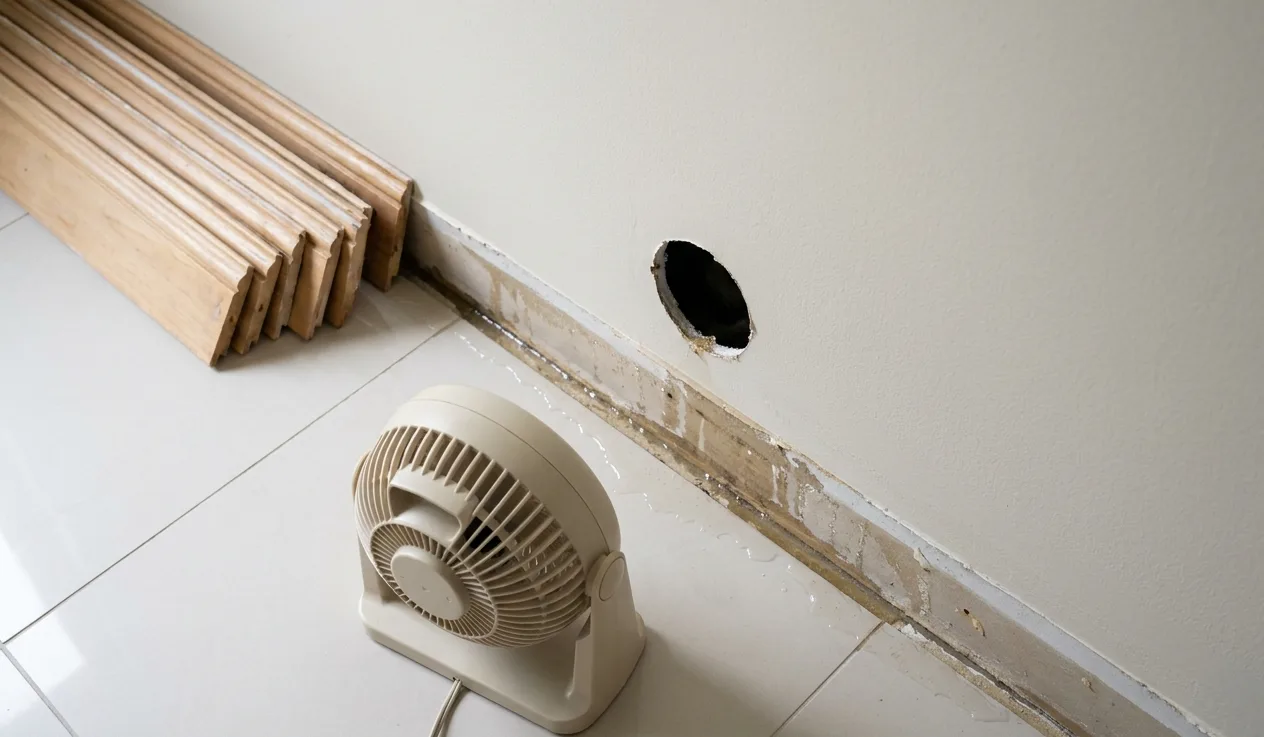 Baseboard removed and the lower wall treated with antimicrobial, a fan drying the cavity