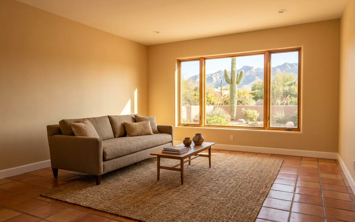 Fully restored bright living room with tile floor and desert view