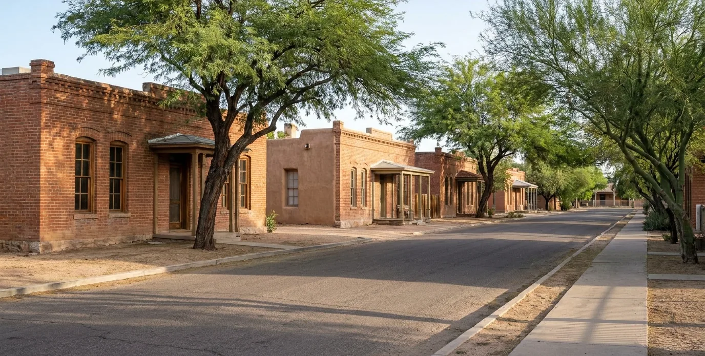 Historic brick and stucco homes on a tree-lined street in Armory Park, Tucson